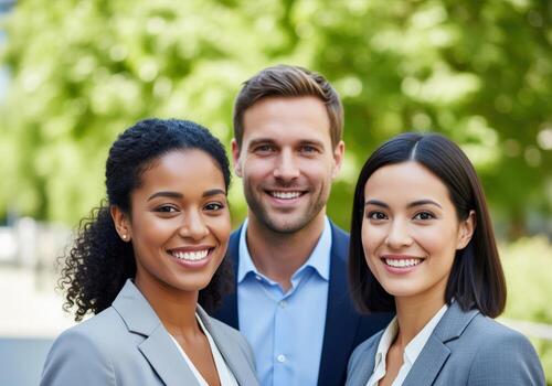 Professional medium close up of three diverse business people smiling confidently. photo