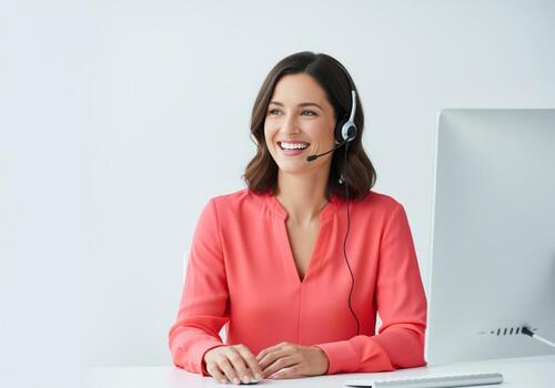 Smiling customer service agent wearing a headset working on a computer in a modern office. photo