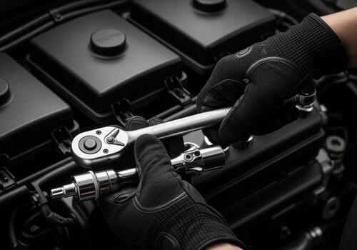 Mechanic hands in black gloves using a chrome ratchet wrench on a dark car engine during maintenance. photo