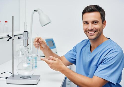 Smiling male scientist in blue scrubs explaining a chemical procedure with lab equipment photo