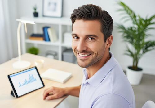Successful young man smiling confidently while analyzing financial data on a digital tablet photo