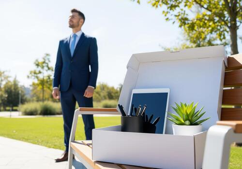 Businessman stands contemplating future next to a box of office belongings in a park photo
