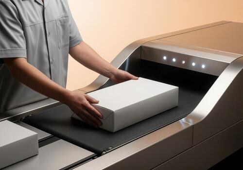 Close up of a logistics worker loading a white package onto a security conveyor system photo