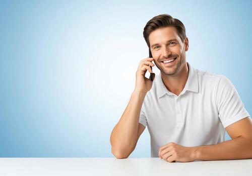 Happy handsome man talking on a mobile phone sitting at a white table photo