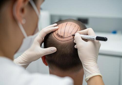 Surgeon marking zones on a man scalp for hair transplant procedure preparation. photo