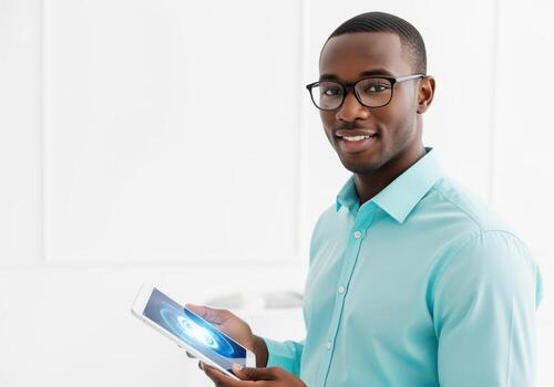 Smiling african american man in glasses using a digital tablet for business innovation photo