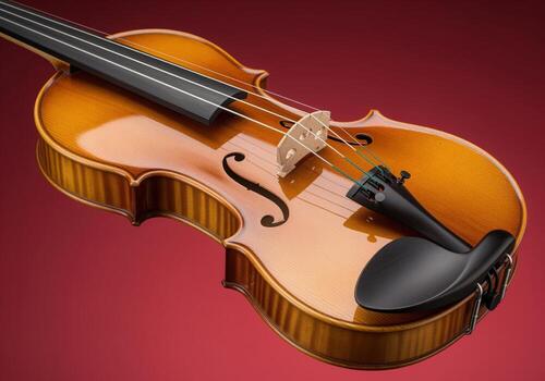 Detailed close up of a classical wooden violin with glossy finish on a vibrant red background photo