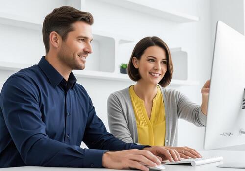 Professional man and woman working together efficiently on a desktop computer. photo