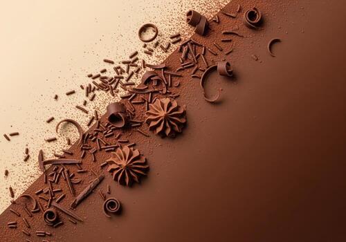 Rico chocolate virutas, chinos, asperja, y cacao polvo polvo arreglado diagonalmente en un división antecedentes foto