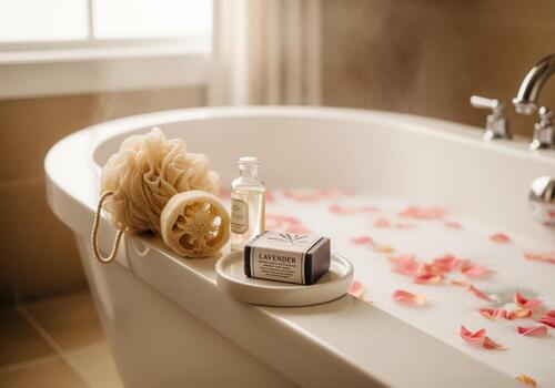 lujoso bañera preparar con Rosa pétalos, lavanda jabón, y esponja vegetal esponja para relajación. foto