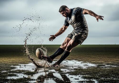 Powerful rugby player kicking ball creating dramatic mud splash on wet field photo