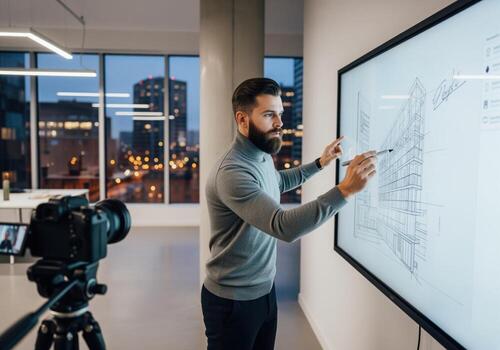 Architect presenting building design sketch on interactive screen for conference. photo