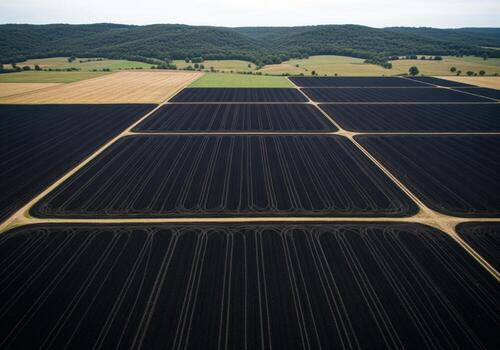 Geometric aerial view of rich black earth farmland patterns ready for sowing. photo