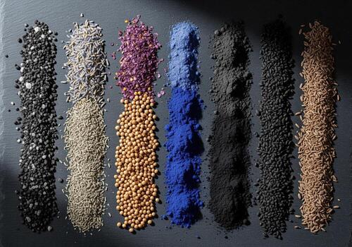 Diverse array of colorful spices, seeds, and powders displayed in organized vertical stripes. photo