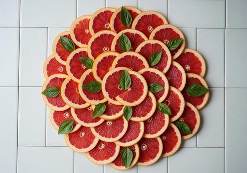 decorativo arreglo de rubí rojo pomelo rebanadas y Fresco albahaca hojas plano poner. foto