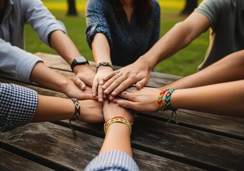 Diverse group stacking hands on a rustic table demonstrating unity and support photo