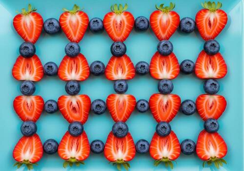 Symmetrical grid pattern of fresh sliced strawberries and whole blueberries photo