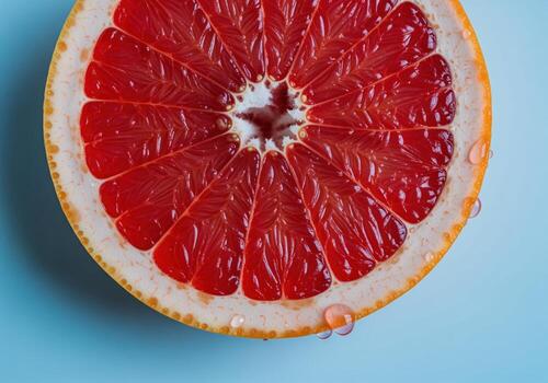 Vibrant ruby red grapefruit half cross section with water droplets macro view photo