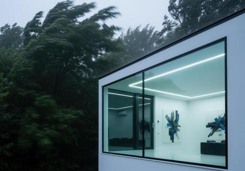 Strong winds bending trees outside large window of a modern illuminated room. photo