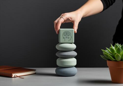 Building mental balance foundation with AI brain icon cube placed on stacked stones. photo