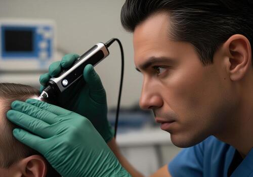Specialist performing detailed hair and scalp examination using advanced diagnostic tool photo