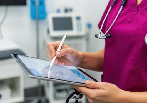 Healthcare professional documenting patient data on a tablet using a stylus. photo