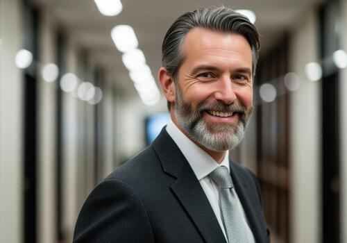 retrato de un confidente maduro ejecutivo sonriente con un distinguido gris barba foto