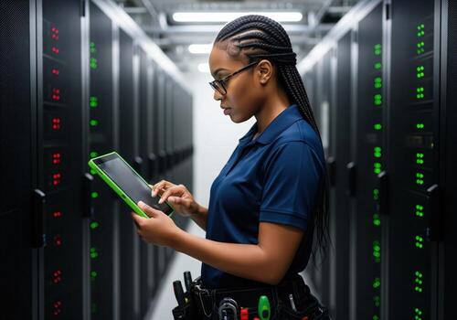 enfocado negro mujer red ingeniero comprobación servidores con tableta en datos centrar pasillo. foto