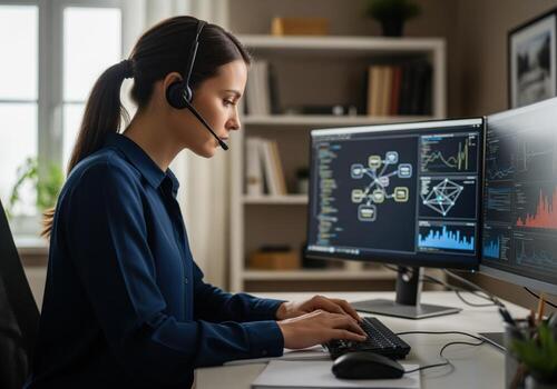 hembra eso especialista trabajando en complejo datos análisis utilizando doble monitores y auriculares. foto