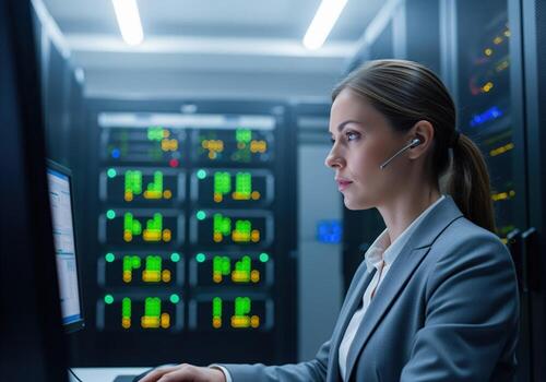 Focused IT professional woman managing servers in a secure data center photo