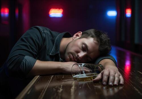 Young man passed out drunk on a bar counter with an empty glass of beer. photo