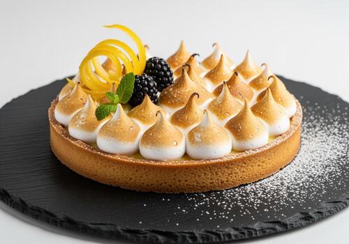 sofisticado limón merengue tarta con incendiado picos, moras, y limón ánimo guarnación. foto