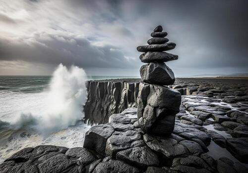Dramatic rock cairn balancing on dark basalt cliffs against a powerful stormy ocean. photo