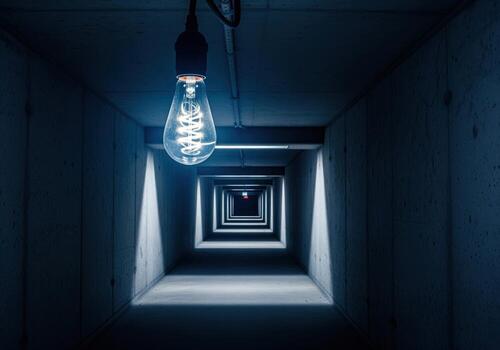 Glowing spiral filament light bulb illuminating a long dark concrete tunnel perspective. photo