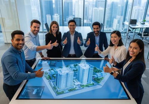 Diverse team celebrates success around interactive table displaying 3D building model photo