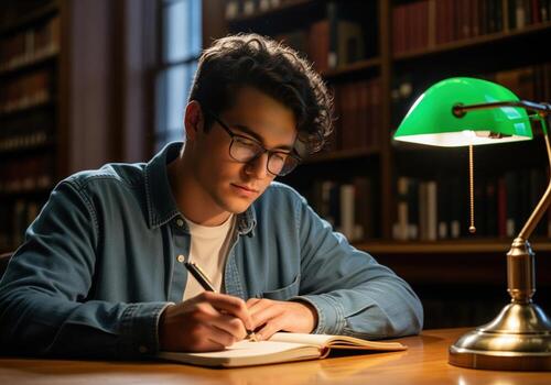 Focused university student writing notes in a library illuminated by a classic banker lamp photo