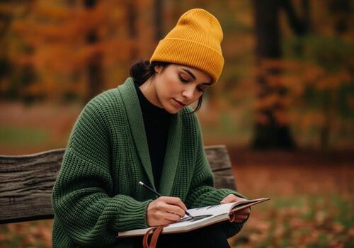 Focused woman in yellow beanie sketching in a journal while sitting on a bench. photo