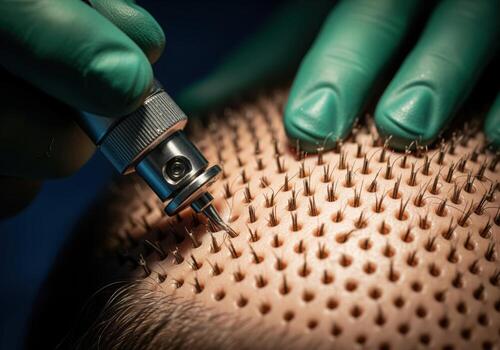 Detailed view of hair transplantation using a micro punch device on the scalp. photo