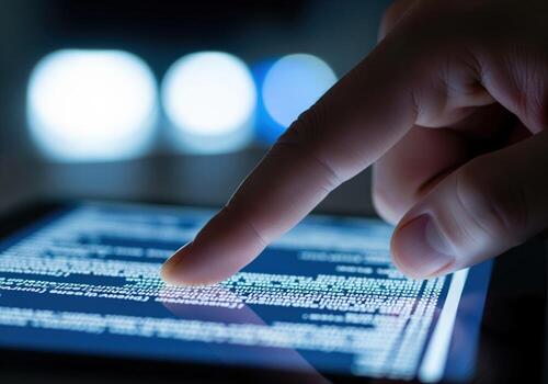 Finger touching glowing digital screen displaying complex blue data and code lines. photo