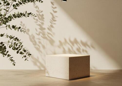 Minimalist square beige stone podium with eucalyptus leaf shadows for product display. photo