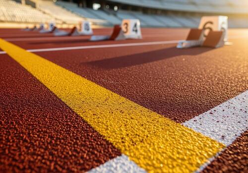 Textured running track surface with bright yellow lane line and starting blocks ready for a race. photo