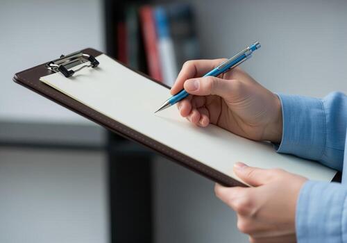 Professional hands writing notes on a blank clipboard using a mechanical pencil photo