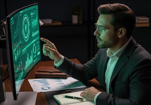 Focused analyst reviewing complex digital charts and graphs on curved monitor. photo
