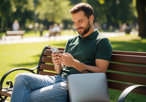 Young bearded man texting on mobile phone while relaxing on a park bench photo