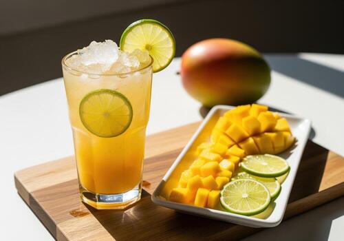 Refreshing mango drink with crushed ice and lime slices served alongside fresh diced mango fruit. photo