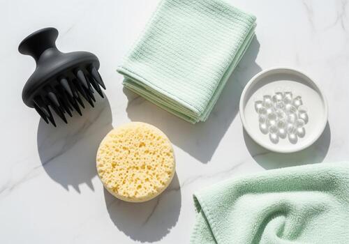 Modern self care routine essentials including scalp brush, sponge and mint towels. photo
