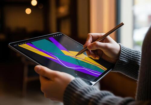Hands holding tablet drawing vibrant abstract design with digital stylus pen. photo