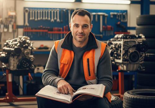 Smiling auto mechanic consulting technical manual in workshop wearing safety vest photo