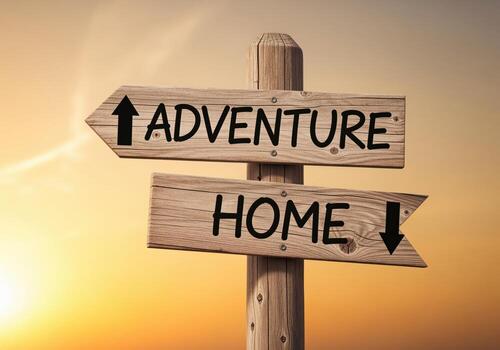 Rustic wooden signpost with directional arrows pointing to adventure and home. photo