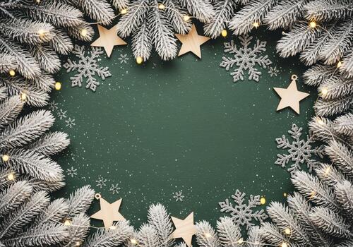 acogedor invierno marco de nieve cubierto abeto sucursales, rústico estrellas, y brillante luces foto